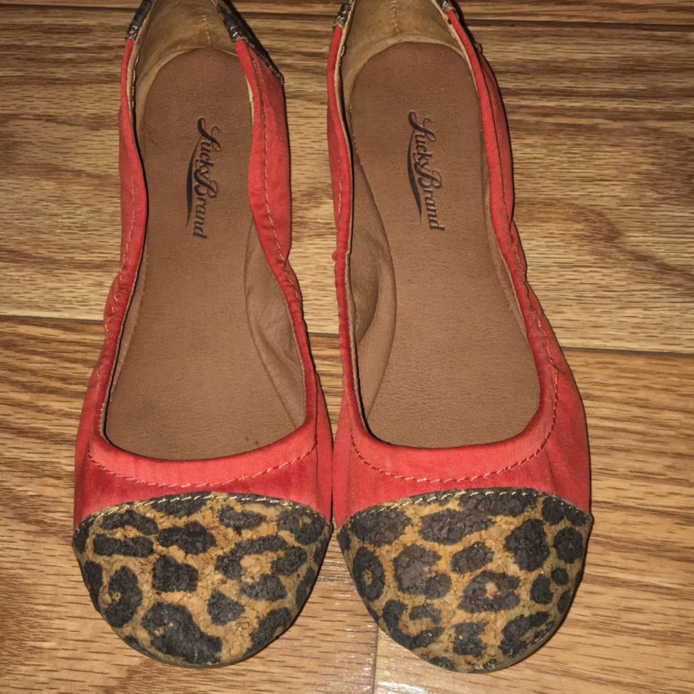 Lucky Brand, orange and leopard cork flats, size 7